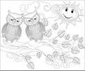 Coloring pages. Birds. Cute owl sits on the tree Royalty Free Stock Photo