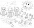 Coloring pages. Birds. Cute owl sits on the tree Royalty Free Stock Photo