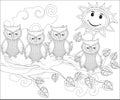 Coloring pages. Birds. Cute owl sits on the tree Royalty Free Stock Photo