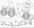 Coloring pages. Birds. Cute owl sits on the tree Royalty Free Stock Photo