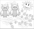 Coloring pages. Birds. Cute owl sits on the tree Royalty Free Stock Photo