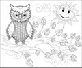 Coloring pages. Birds. Cute owl sits on the tree Royalty Free Stock Photo