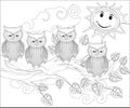 Coloring pages. Birds. Cute owl sits on the tree. Royalty Free Stock Photo