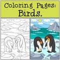 Coloring Pages: Birds. Two cute penguins look at the egg
