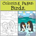 Coloring Pages: Birds. Two little cute penguins hug