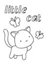 Coloring pages, black and white cute hand drawn cat with butterfly doodle, lettering little cat