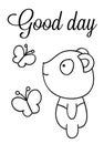 Coloring pages, black and white cute hand drawn panda and butterfly doodles, lettering good day