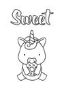 Coloring pages, black and white cute hand drawn unicorn with donut doodles, lettering sweet