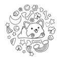 Coloring pages, black and white cute kawaii hand drawn corgi dog doodles, circle print Royalty Free Stock Photo