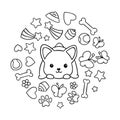 Coloring pages, black and white cute kawaii hand drawn corgi dog doodles, circle print Royalty Free Stock Photo