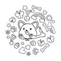 Coloring pages, black and white cute kawaii hand drawn corgi dog doodles, circle print Royalty Free Stock Photo