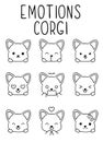 Coloring pages, black and white cute kawaii hand drawn emotions corgi dog doodles