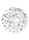 Coloring pages, black and white cute kawaii hand drawn horse doodles, circle print Royalty Free Stock Photo