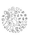 Coloring pages, black and white cute kawaii hand drawn horse doodles, circle print