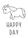 Coloring pages, black and white cute kawaii hand drawn horse doodles, lettering happy day