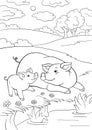 Coloring pages. Mother pig with her little cute piglet near the pond