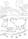 Coloring pages. Mother pig with her little cute piglets