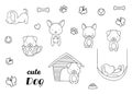 Coloring pages, black and white, set cute kawaii hand drawn dog doodles