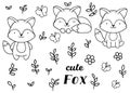 Coloring pages, black and white, set cute kawaii hand drawn fox doodles