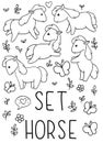 Coloring pages, black and white, set cute kawaii hand drawn horse doodles Royalty Free Stock Photo