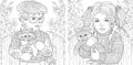 Coloring pages with boy and girl embracing furry animals