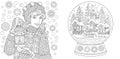 Coloring Pages. Coloring Book for adults. Colouring pictures with winter girl and crystal snow ball. Antistress freehand sketch