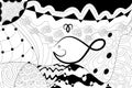 Colouring marine pictures with whale,sun,ocean,sea,waves. Antistress sketch drawing with doodle and zentangle elements.