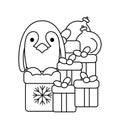 Coloring pages for children. Cute penguin, gift boxes and Christmas decorations