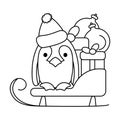 Coloring pages for children. Cute penguin and sled with gifts and Christmas decorations