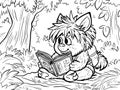 Coloring pages cute funny furry animal reading a book in the forest. Magic world. Generative ai.