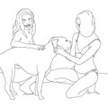 Coloring pages cute girls in the bikini on the beach with the dog, flat colorful illustration of people for friendship day. hand- Royalty Free Stock Photo