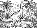 Coloring pages cute tyrannosaurus Dinosaur of meadows, trees and clouds. Vector, generative ai. Royalty Free Stock Photo