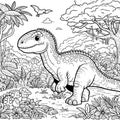 Coloring pages cute tyrannosaurus Dinosaur of meadows, trees and clouds. Vector, generative ai. Royalty Free Stock Photo
