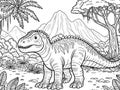 Coloring pages cute tyrannosaurus Dinosaur of meadows, trees and clouds. Vector, generative ai. Royalty Free Stock Photo