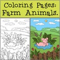 Coloring Pages with example: Farm Animals. Cute little piggy is lying in a puddle and smiling. Royalty Free Stock Photo