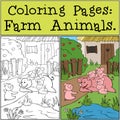 Coloring Pages: Farm Animals. Mother pig with her little cute piglets on the grass. Royalty Free Stock Photo