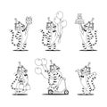 Coloring pages. Funny cartoon tigers set Royalty Free Stock Photo