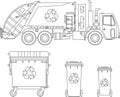 Coloring pages. Garbage truck and different types of dumpsters on white background in flat style. Vector illustration.