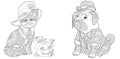 Coloring pages with Halloween cat and pug dog Royalty Free Stock Photo