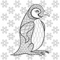 Coloring pages with King Penguin among snowflakes, zentangle ill