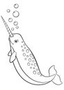 Coloring pages. Little cute narwhal swims.