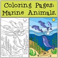 Coloring Pages: Marine Animals. Group of cute dolphins. Royalty Free Stock Photo