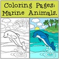 Coloring Pages: Marine Animals. Little cute dolphin jumps Royalty Free Stock Photo