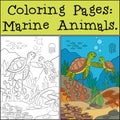 Coloring Pages: Marine Animals. Mother sea turtle swims underwater with her little cute baby and smiles Royalty Free Stock Photo