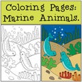 Coloring Pages: Marine Animals. Two little cute narwhals swim.