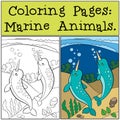 Coloring Pages: Marine Animals. Two little cute narwhals swim.