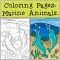 Coloring Pages: Marine Animals. Two little cute narwhals swim un Royalty Free Stock Photo