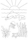 Coloring pages. Marine wild animals. Little cute dolphin jumps from the water and smiles Royalty Free Stock Photo