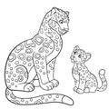 Coloring pages. Mother jaguar with her little cub. Royalty Free Stock Photo