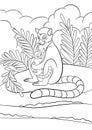Coloring pages. Mother lemur sits on the stone near the sea with her little cute baby.
